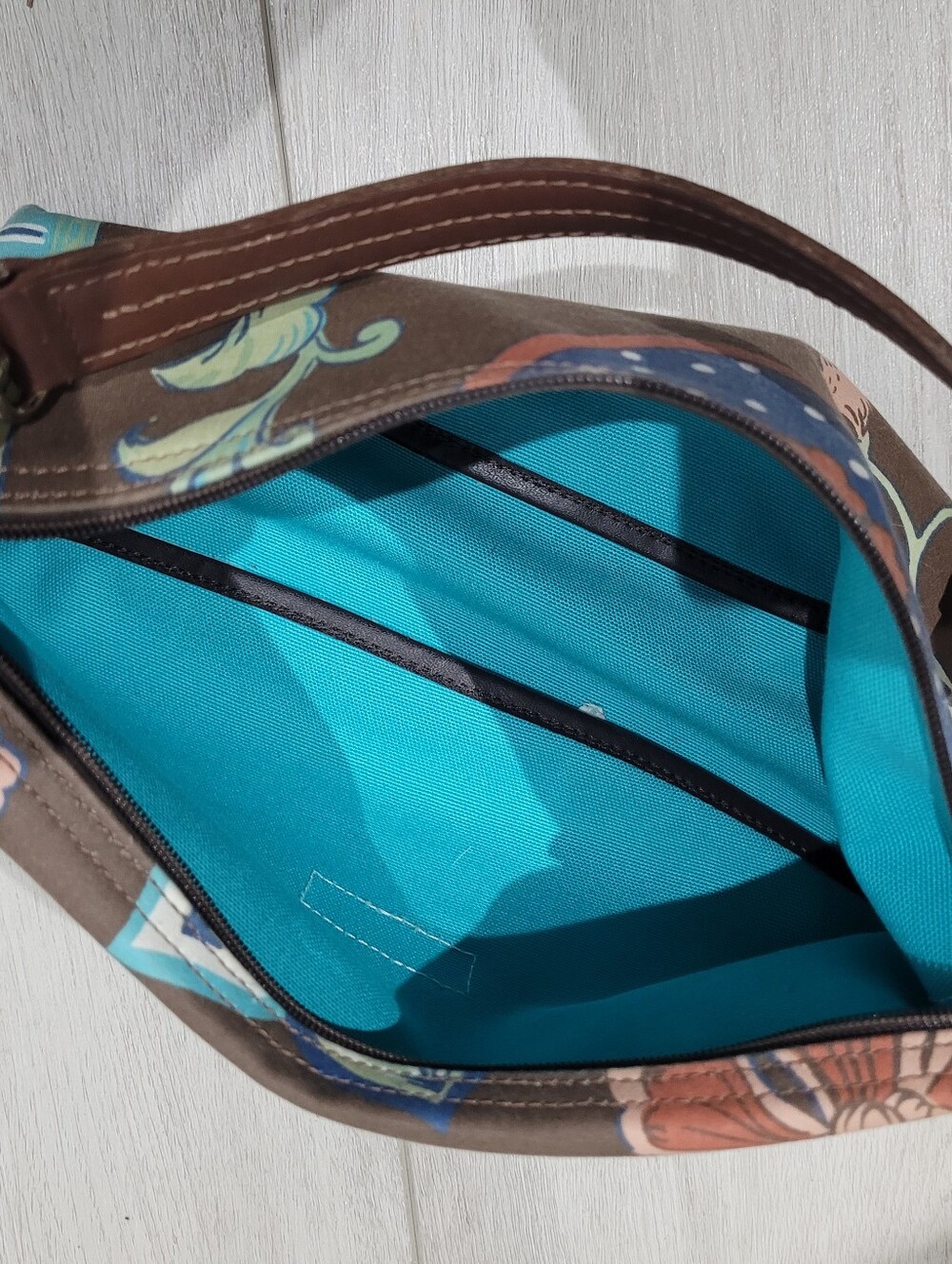 Longchamp Brown Floral Shoulder Bag with Blue Accents - Picture 9 of 11